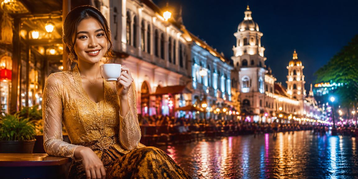 Pengguna VIP menikmati bonus dan reward di kafe modern sambil bermain di ponsel