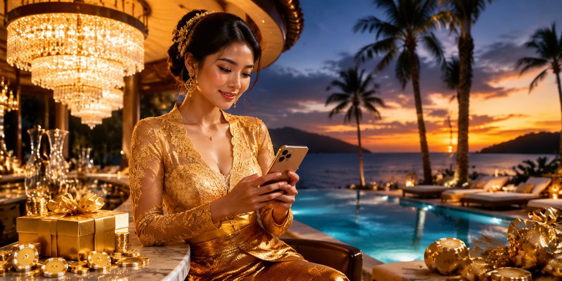 Pengguna VIP menikmati suasana pantai sambil mengecek bonus dan status akun di ponsel