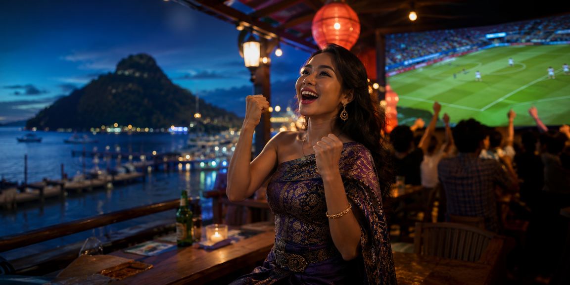 Model Vietnam berpose di depan backdrop kasino bergaya modern