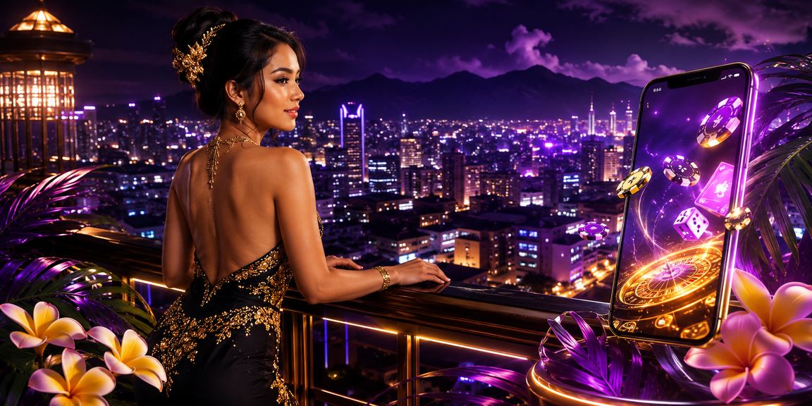 Tampilan antarmuka mobile casino dengan lampu neon warna-warni di malam hari