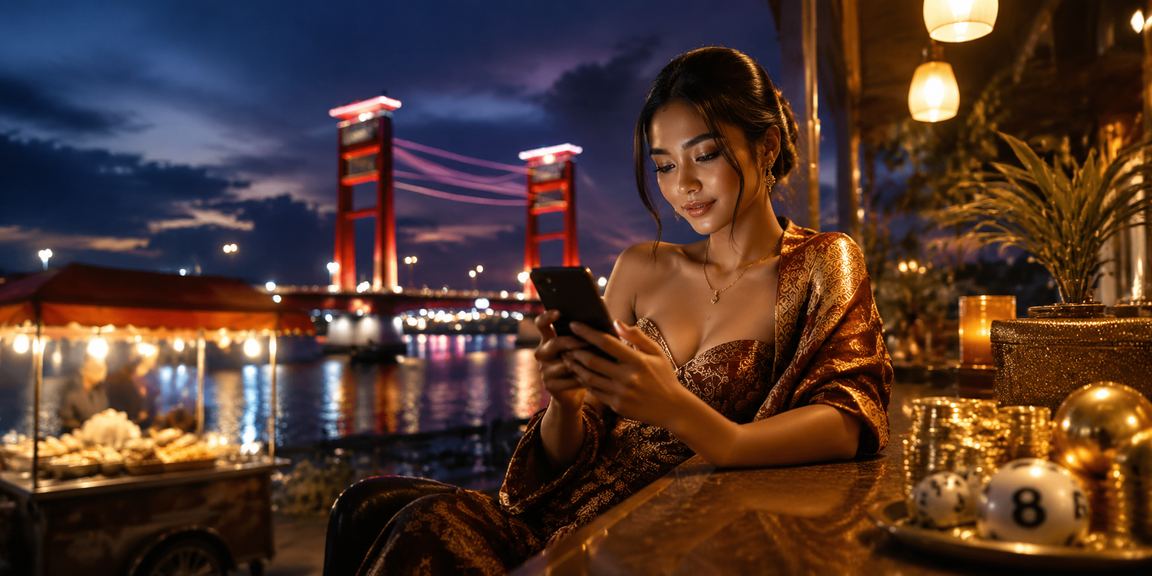 Model menggunakan ponsel untuk memantau hasil undian dan status transaksi online